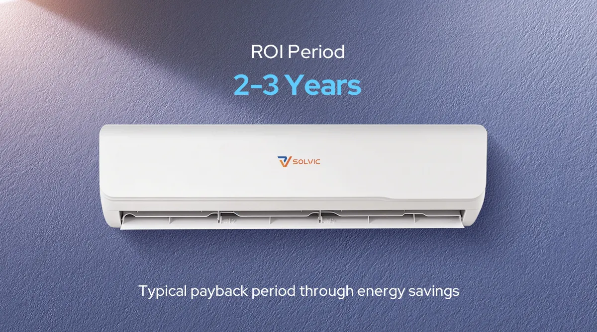 Solar air conditioner ROI payback period chart – 2 to 3 years return on investment compared to conventional AC systems, SEER 35 high-efficiency DC inverter cooling for long-term residential cost savings